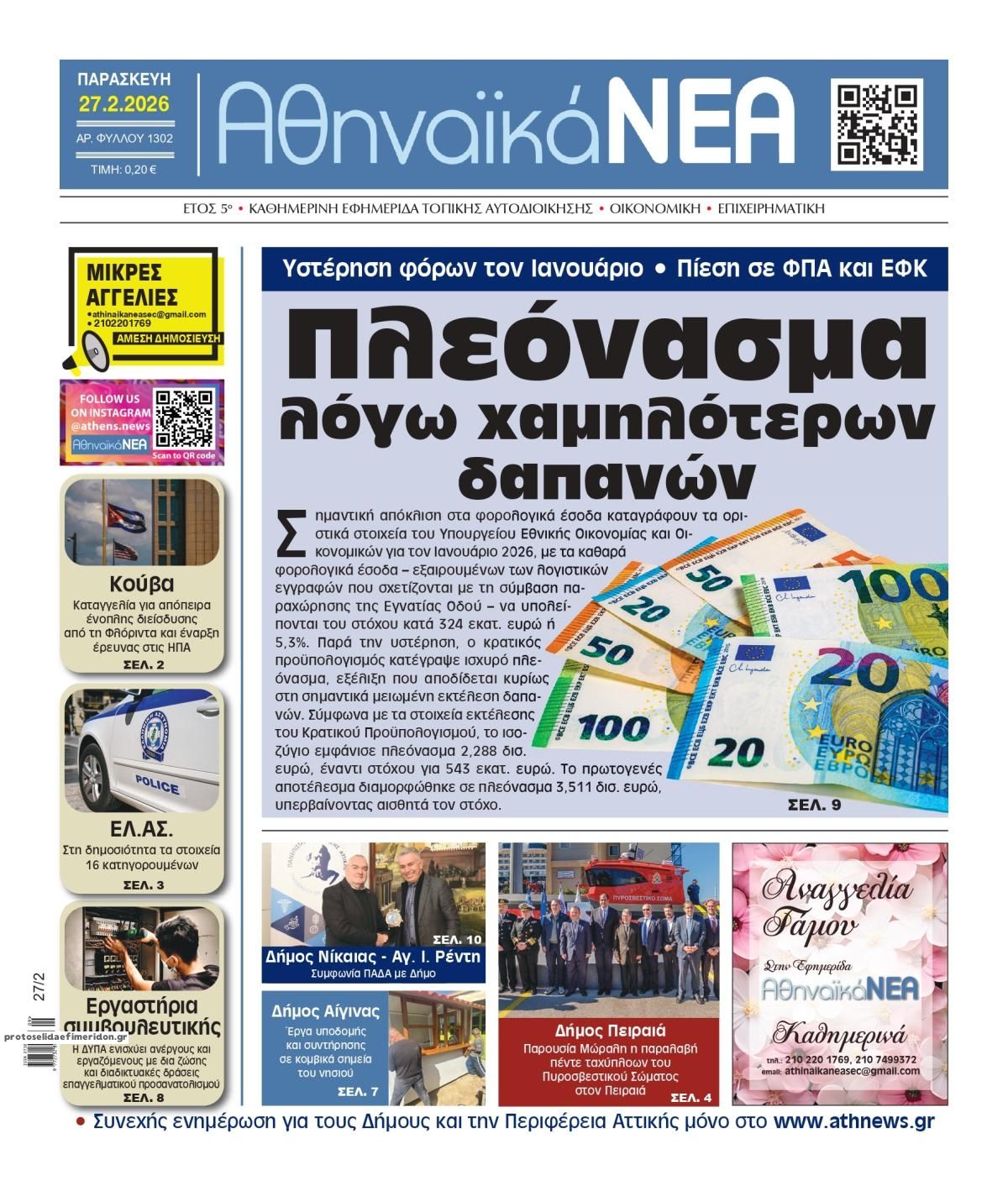 Πρωτοσέλιδο εφημερίδας Αθηναϊκά Νέα