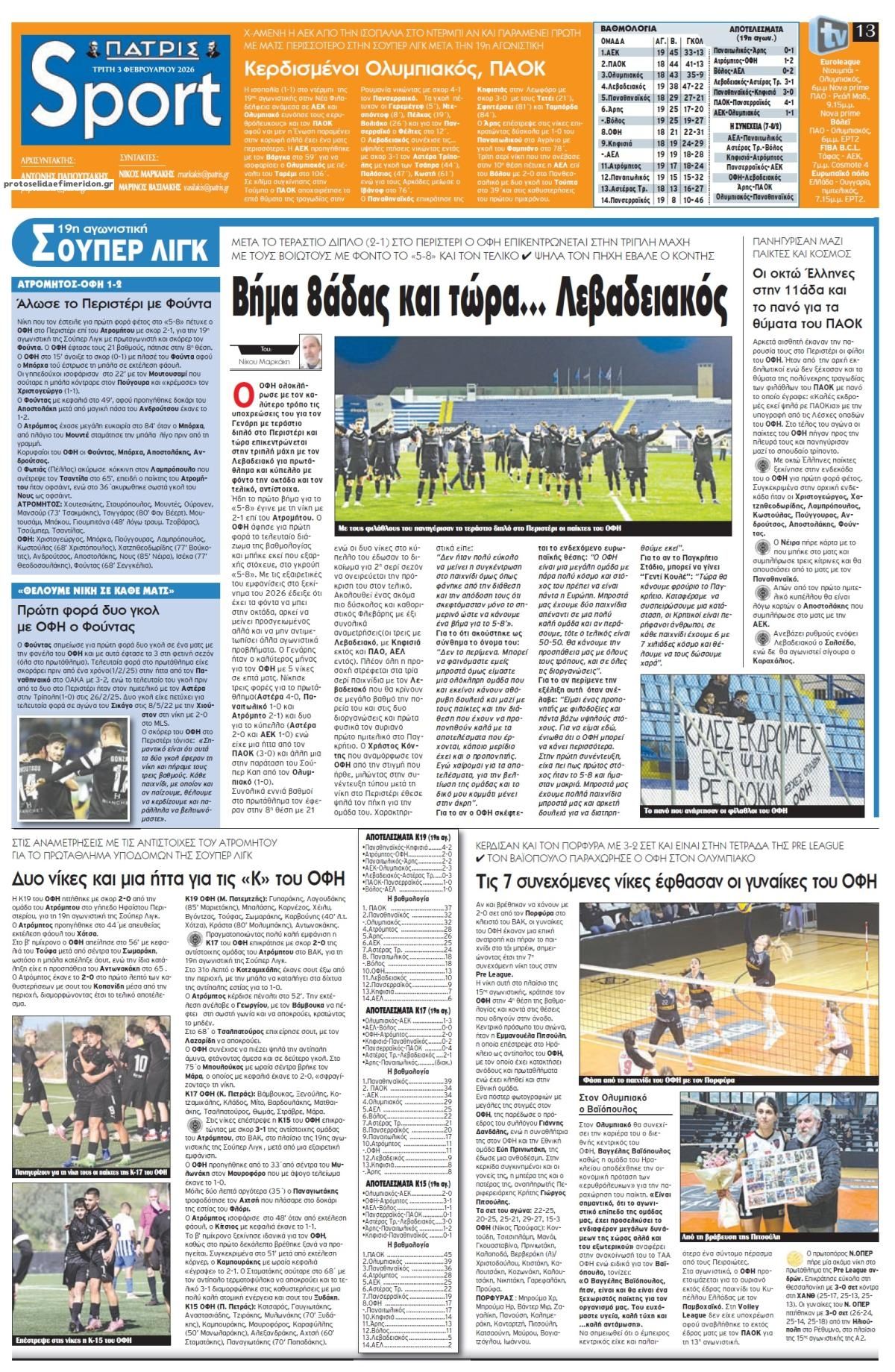 Πρωτοσέλιδο εφημερίδας Πατρίς Σπορ