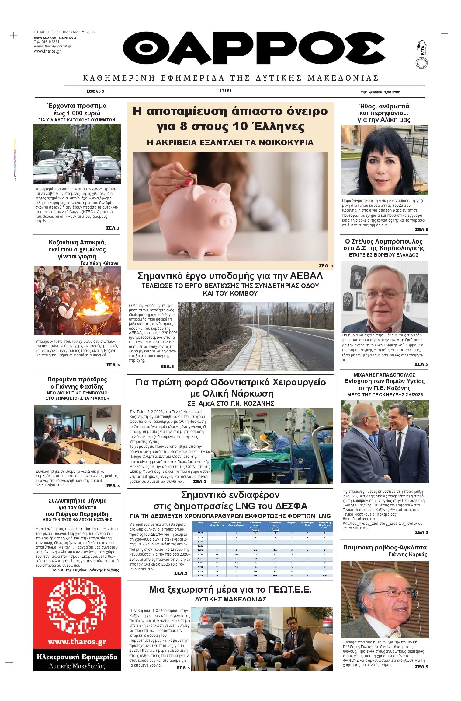 Πρωτοσέλιδο εφημερίδας Θάρρος Κοζάνης