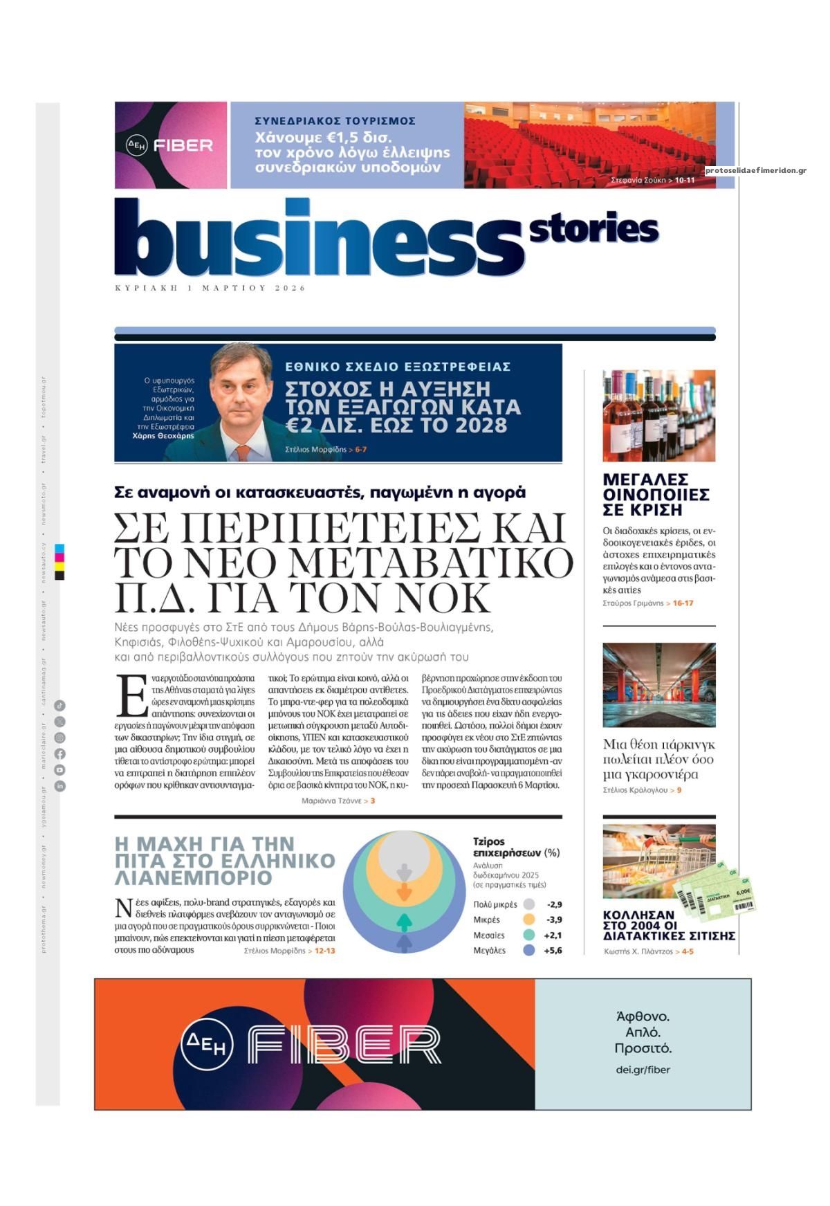 Πρωτοσέλιδο εφημερίδας ΠΡΩΤΟ ΘΕΜΑ - BUSINESS STORIES