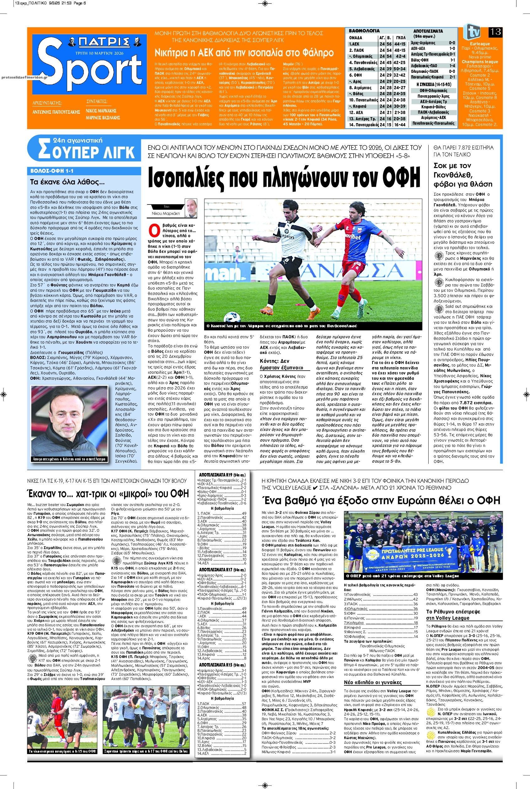 Πρωτοσέλιδο εφημερίδας Πατρίς Σπορ