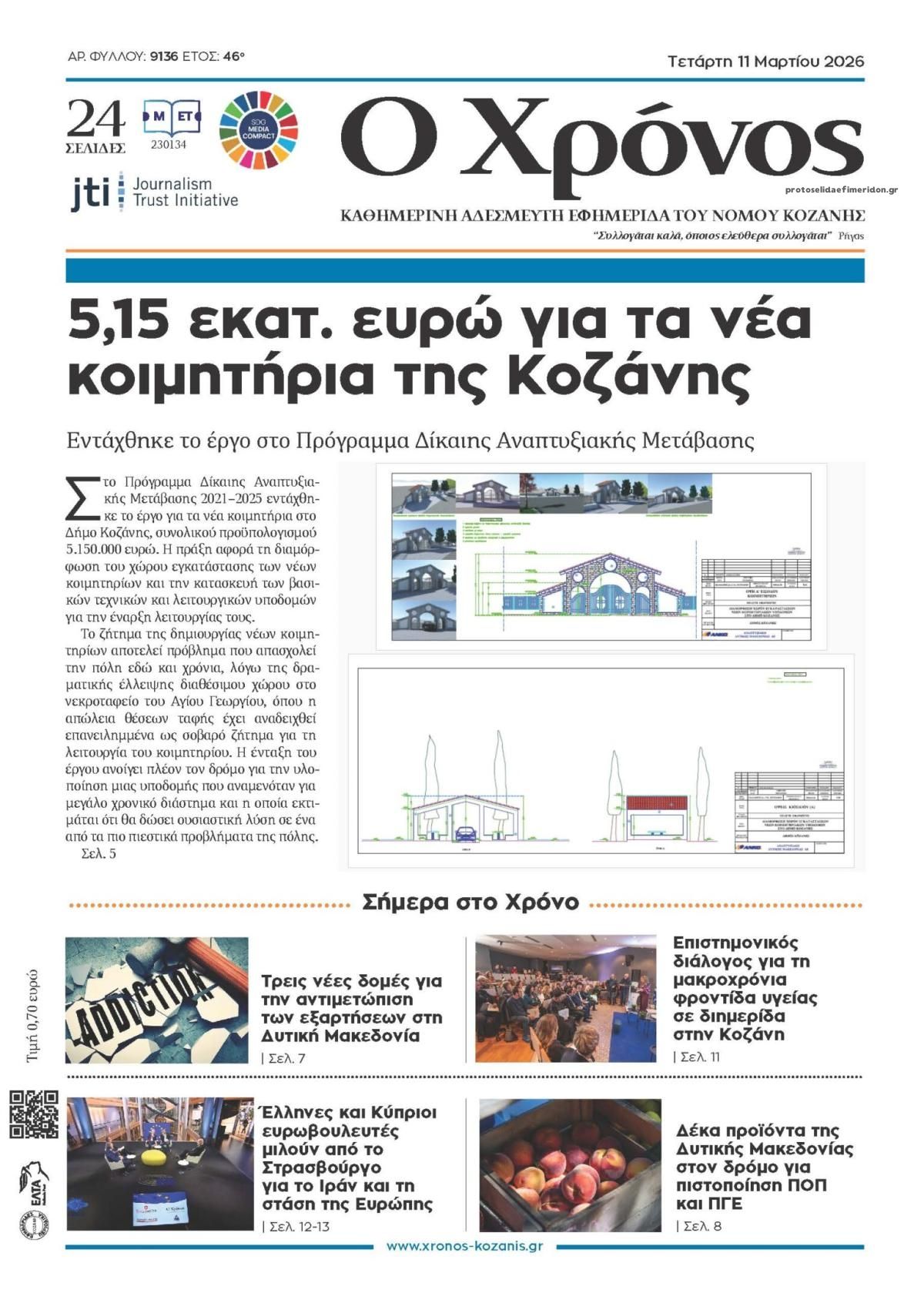 Πρωτοσέλιδο εφημερίδας Ο Χρόνος Κοζάνης