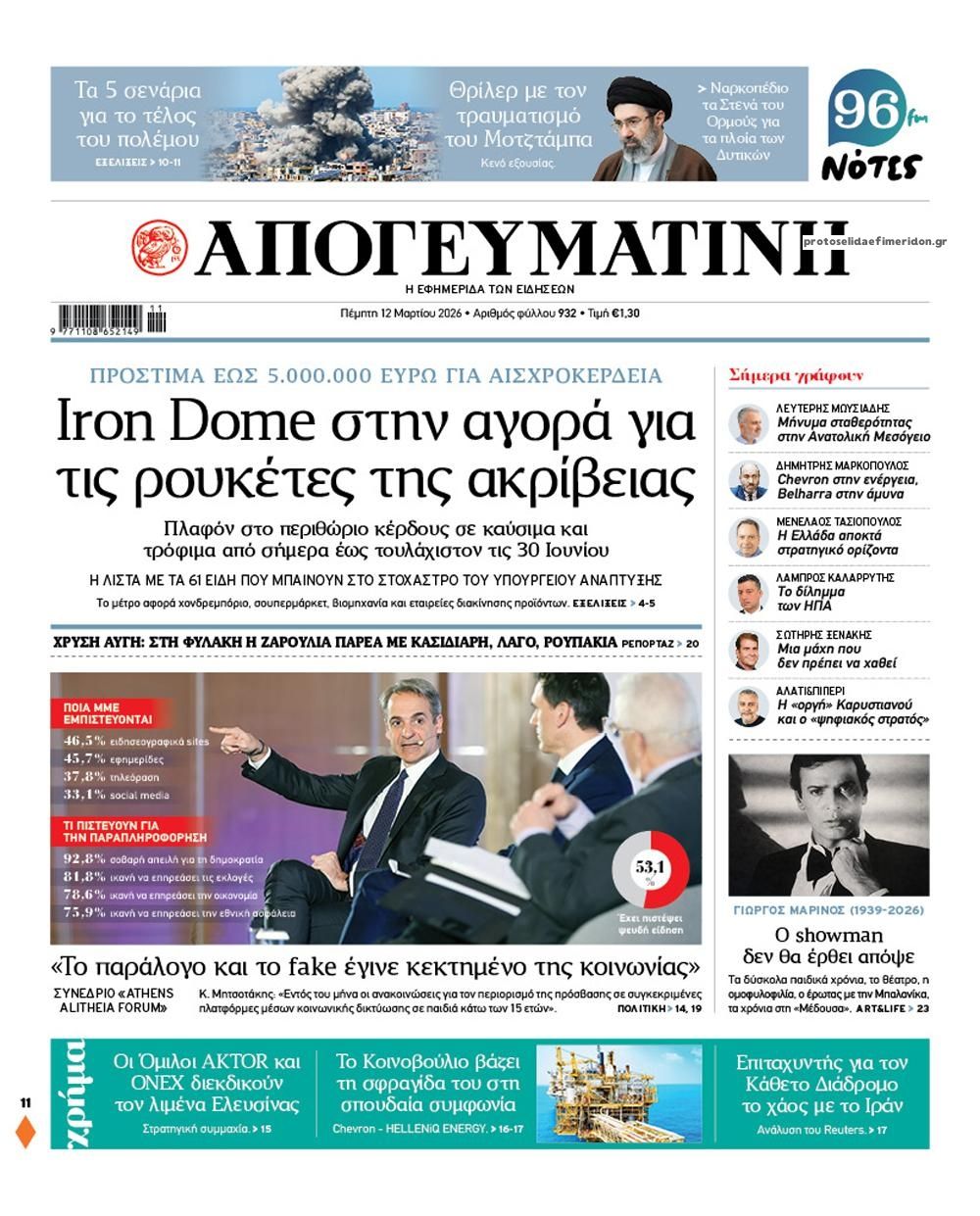 Πρωτοσέλιδο εφημερίδας Απογευματινή