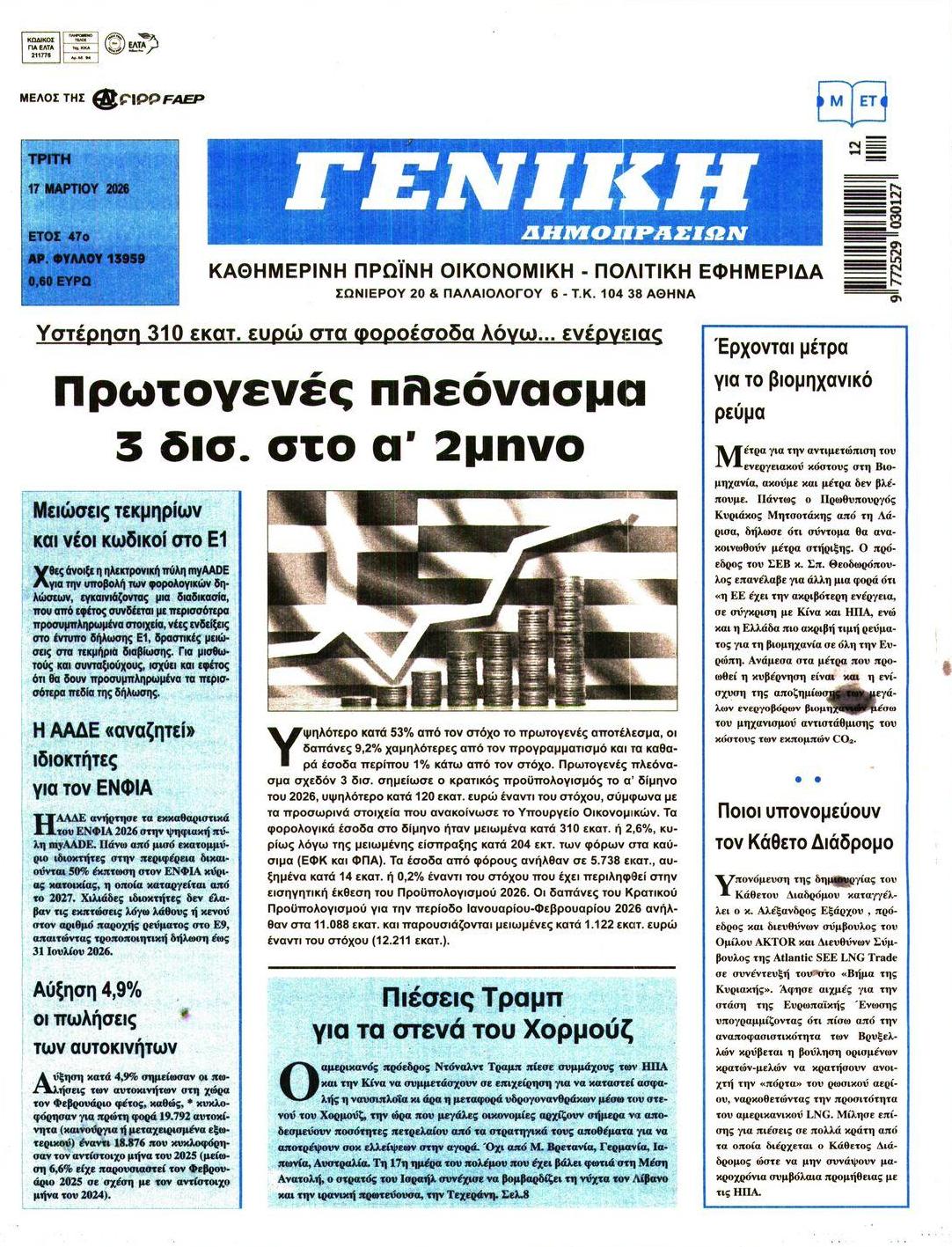 Πρωτοσέλιδο εφημερίδας Γενική Δημοπρασιών