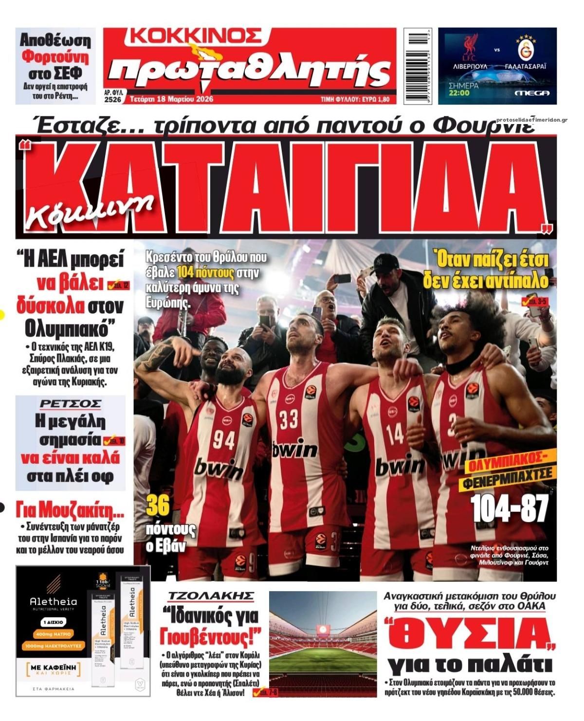 Πρωτοσέλιδο εφημερίδας Κόκκινος Πρωταθλητής