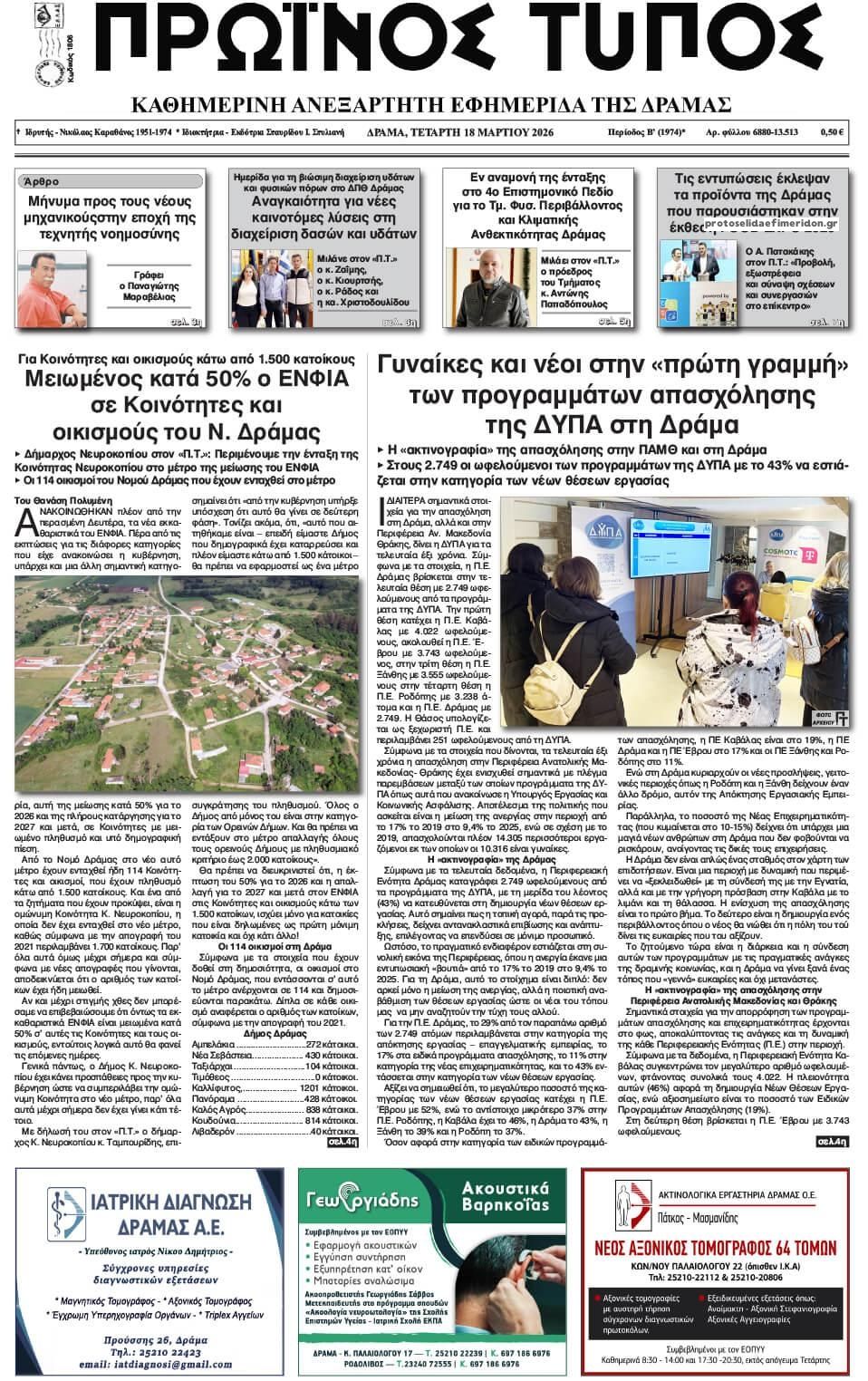 Πρωτοσέλιδο εφημερίδας Πρωινός Τύπος Δρ.