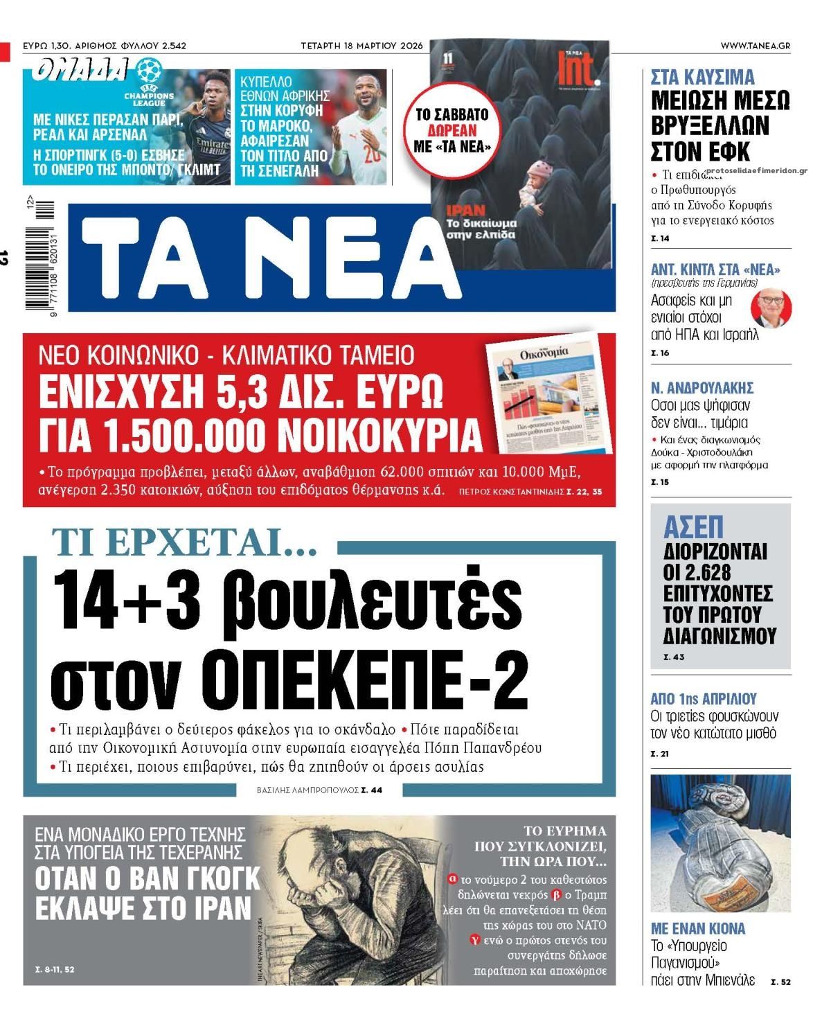 Πρωτοσέλιδο εφημερίδας Τα Νέα