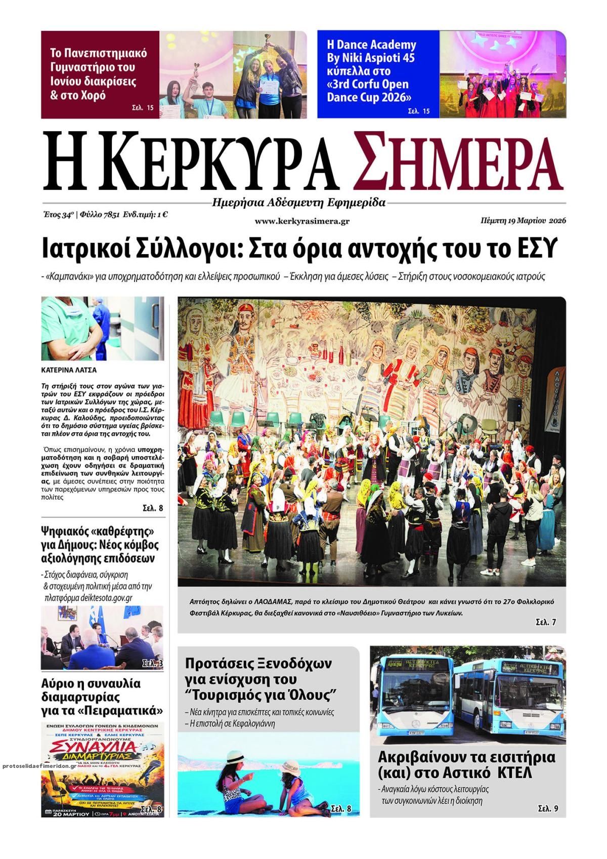 Πρωτοσέλιδο εφημερίδας Η Κέρκυρα Σήμερα