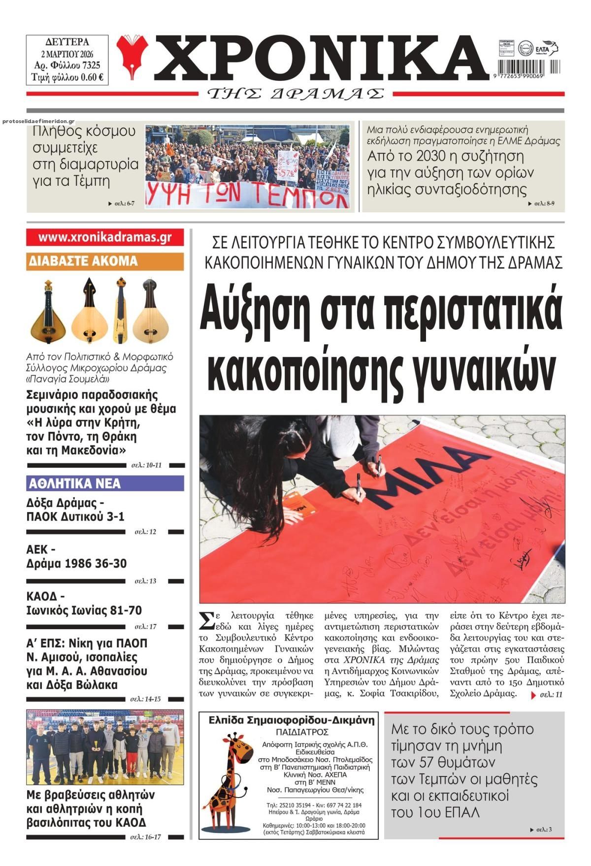 Πρωτοσέλιδο εφημερίδας Χρονικά Δράμας