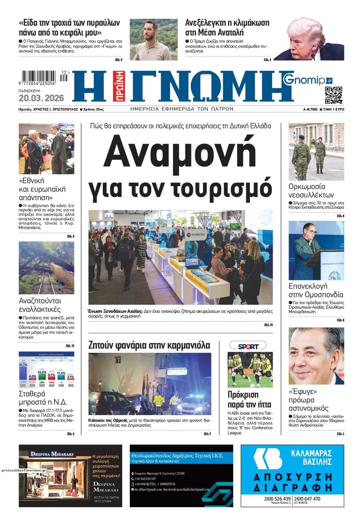 Πρωτοσέλιδο εφημερίδας Γνώμη της Πάτρας