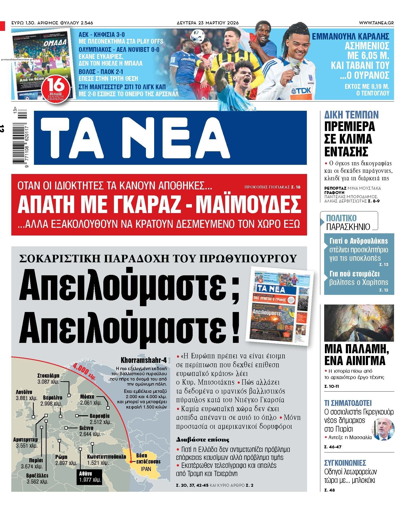 Πρωτοσέλιδο εφημερίδας Τα Νέα