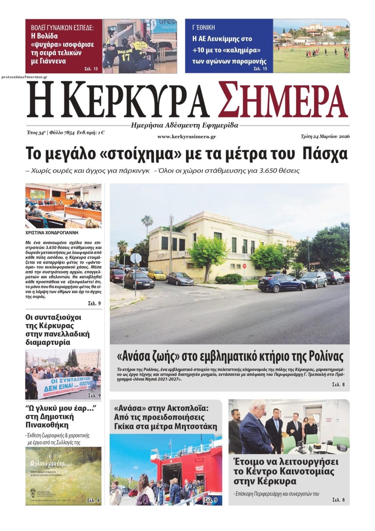 Πρωτοσέλιδο εφημερίδας Η Κέρκυρα Σήμερα