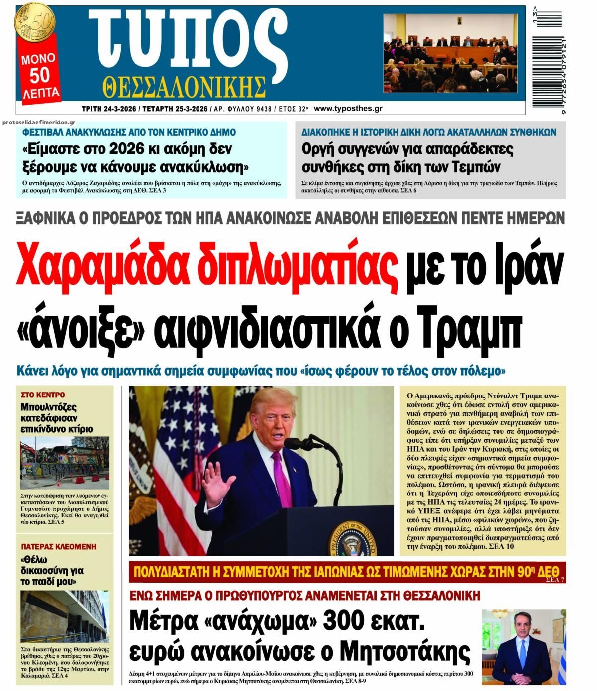 Πρωτοσέλιδο εφημερίδας Τύπος Θεσσαλονίκης