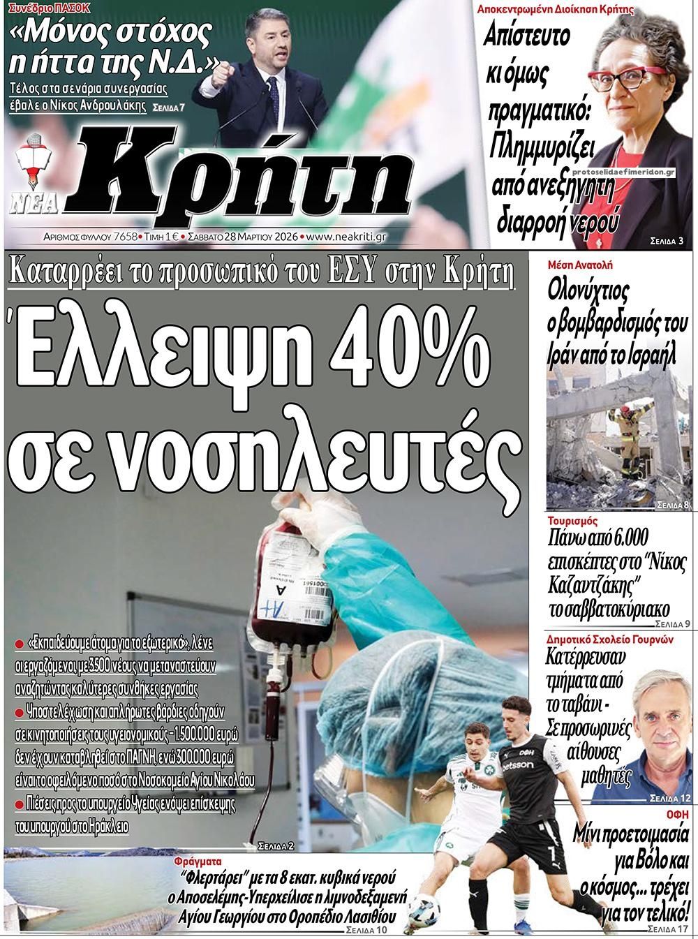 Πρωτοσέλιδο εφημερίδας Νέα Κρήτη