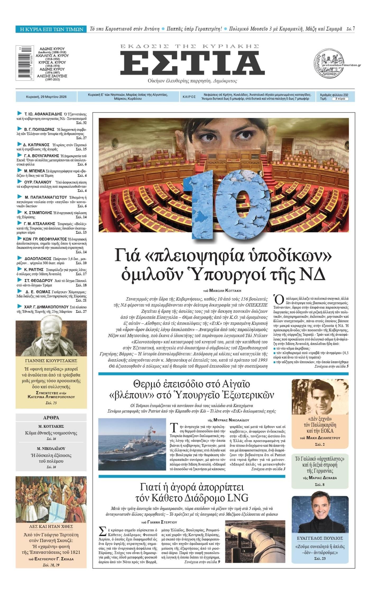 Πρωτοσέλιδο εφημερίδας Εστία