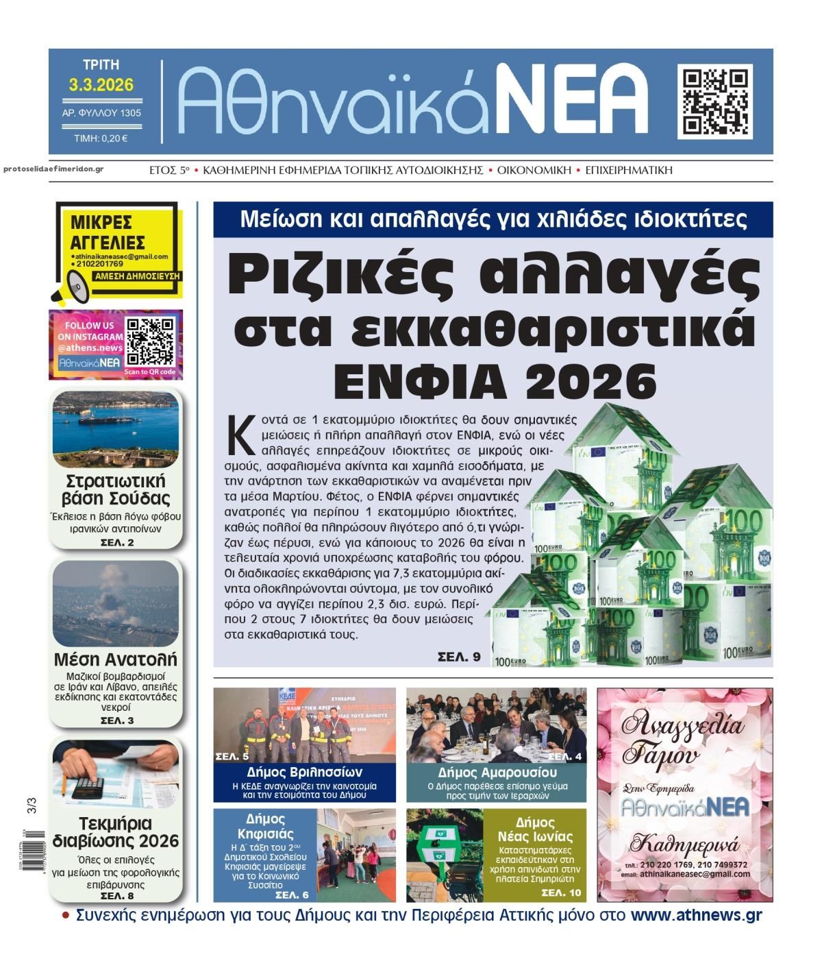 Πρωτοσέλιδο εφημερίδας Αθηναϊκά Νέα