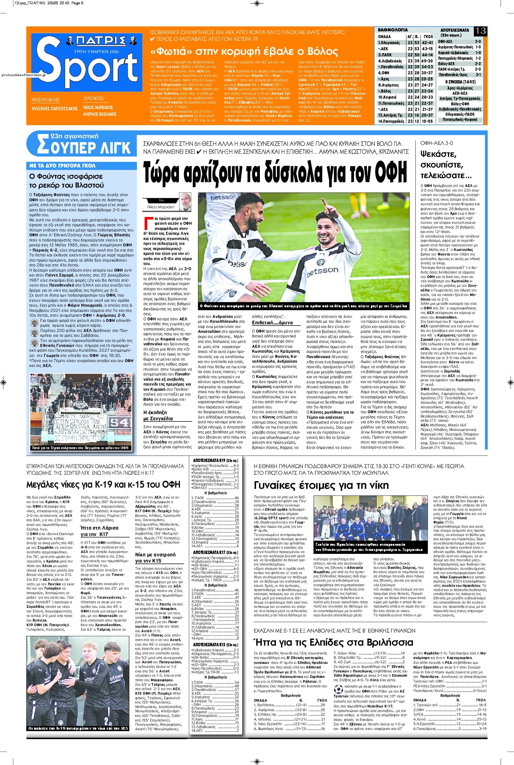 Πρωτοσέλιδο εφημερίδας Πατρίς Σπορ