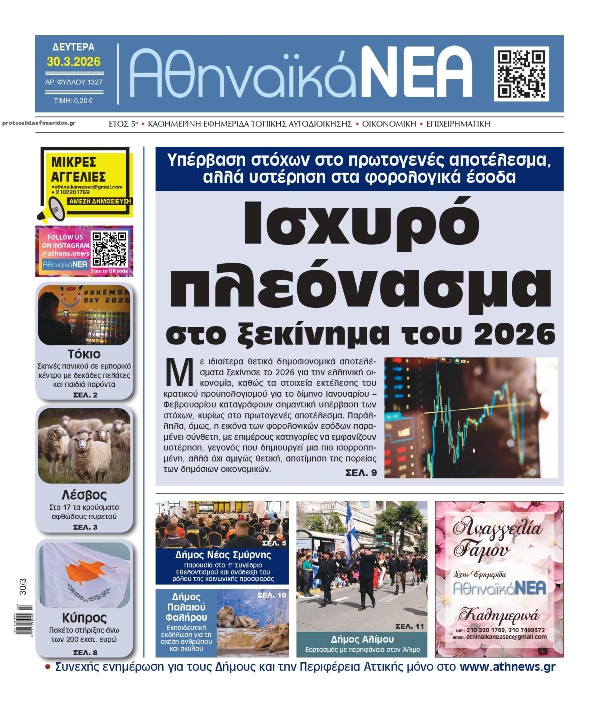 Πρωτοσέλιδο εφημερίδας Αθηναϊκά Νέα