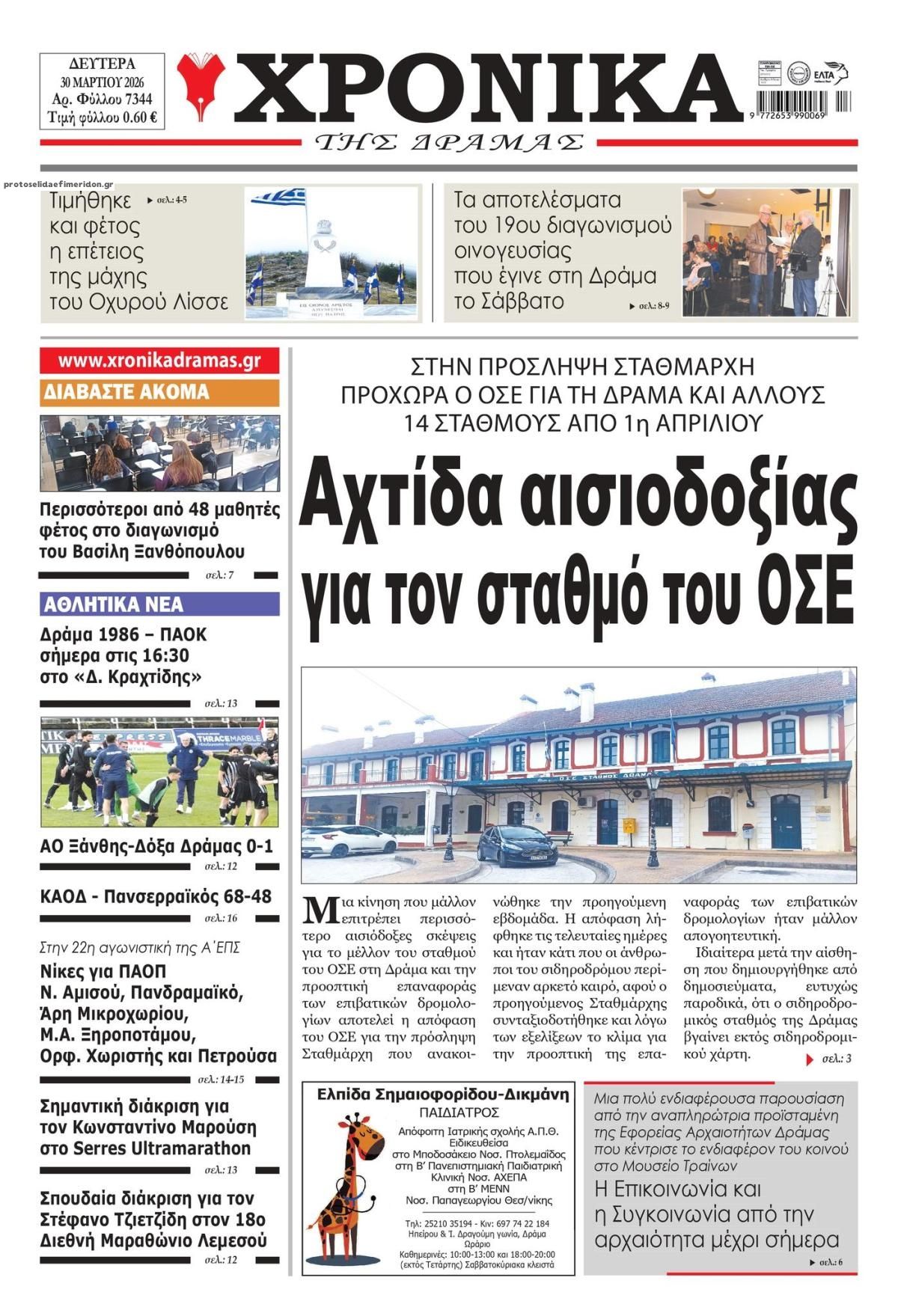 Πρωτοσέλιδο εφημερίδας Χρονικά Δράμας