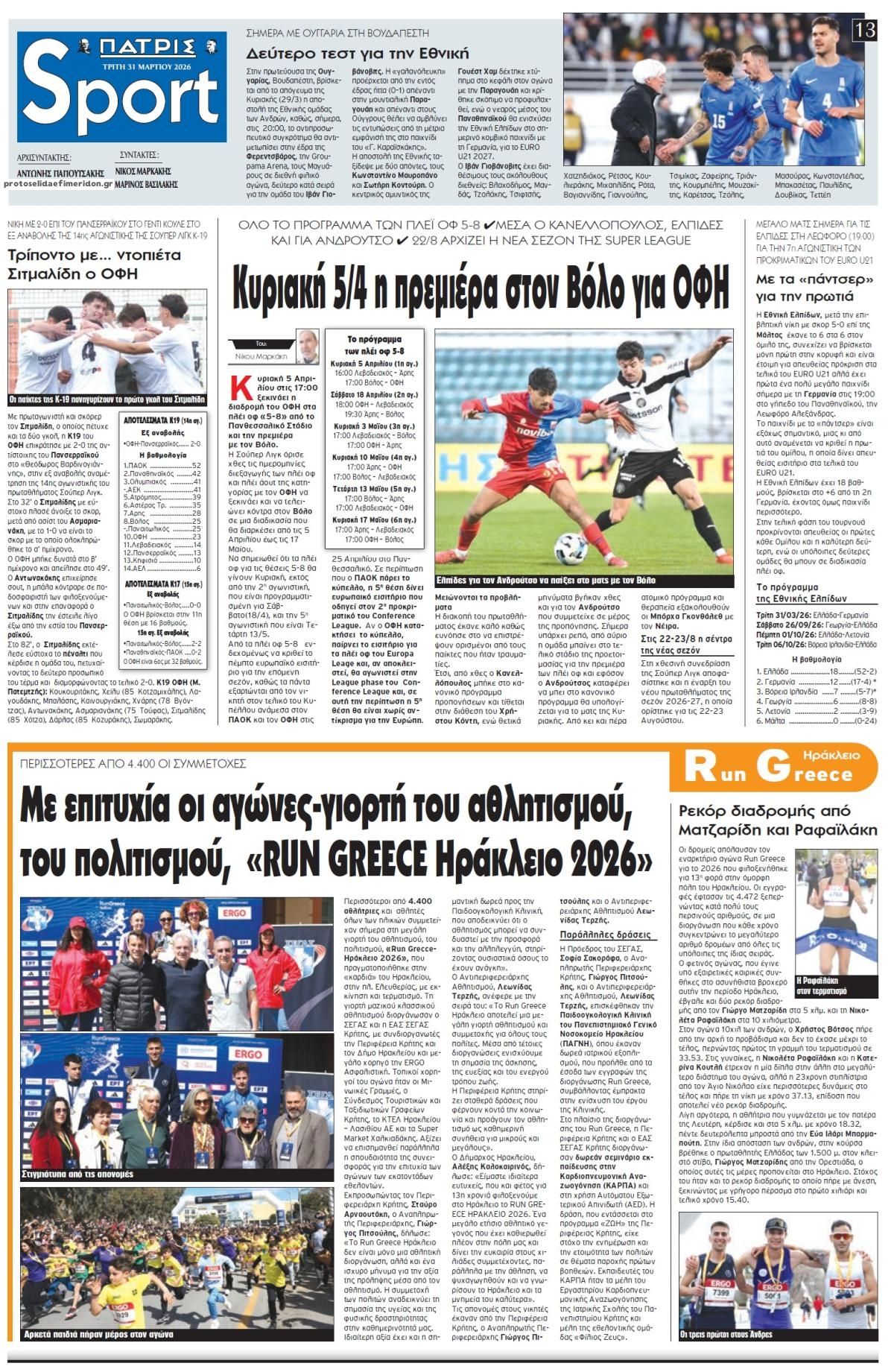 Πρωτοσέλιδο εφημερίδας Πατρίς Σπορ