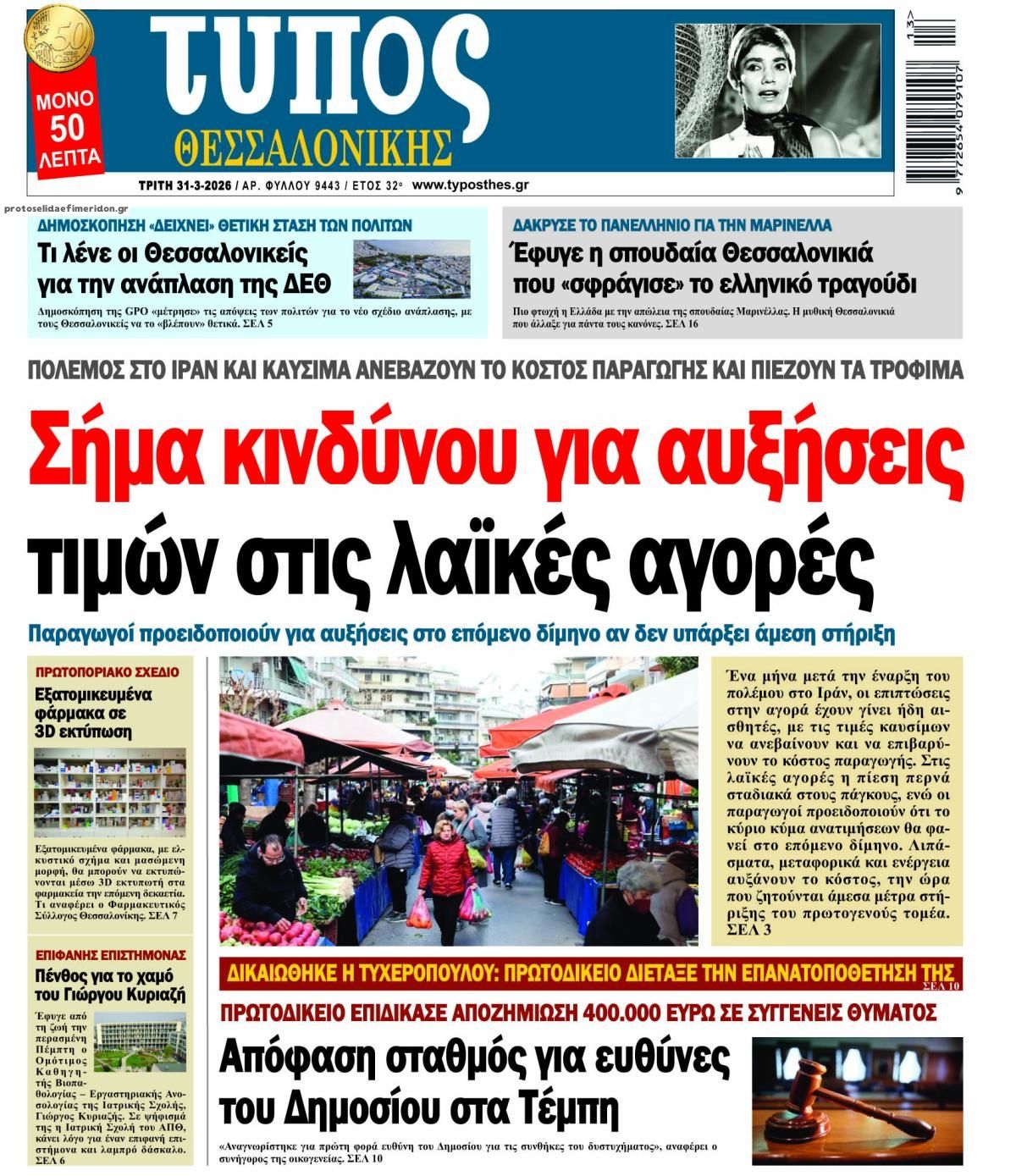 Πρωτοσέλιδο εφημερίδας Τύπος Θεσσαλονίκης
