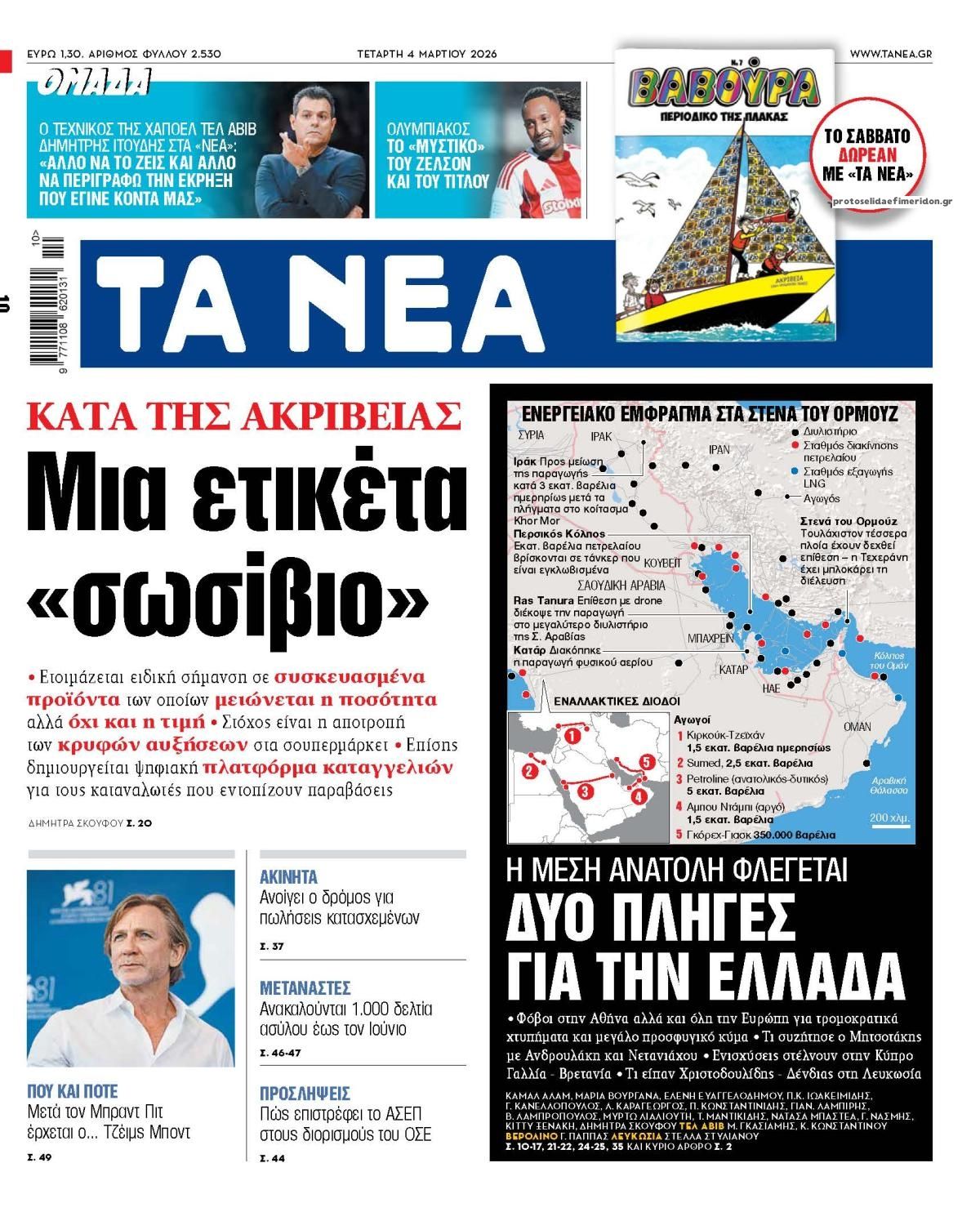 Πρωτοσέλιδο εφημερίδας Τα Νέα