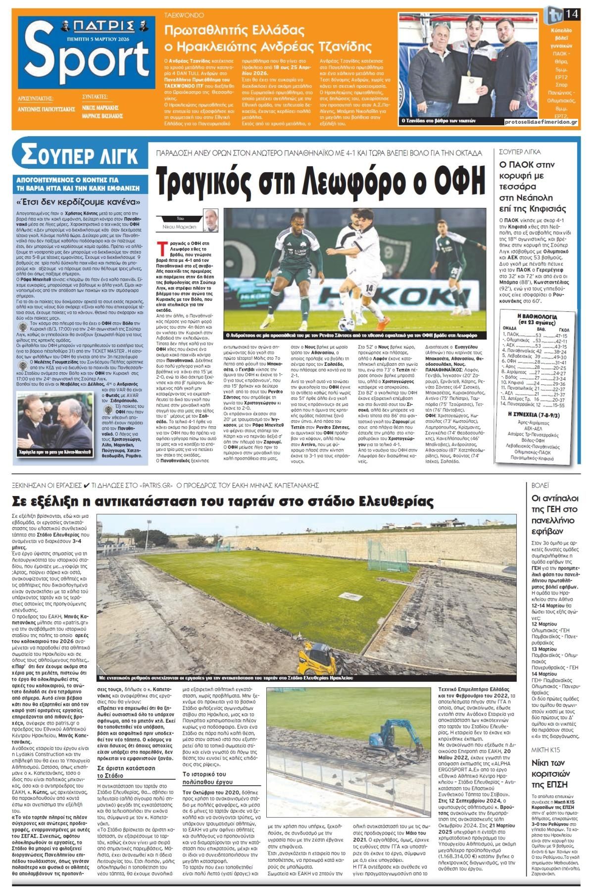 Πρωτοσέλιδο εφημερίδας Πατρίς Σπορ