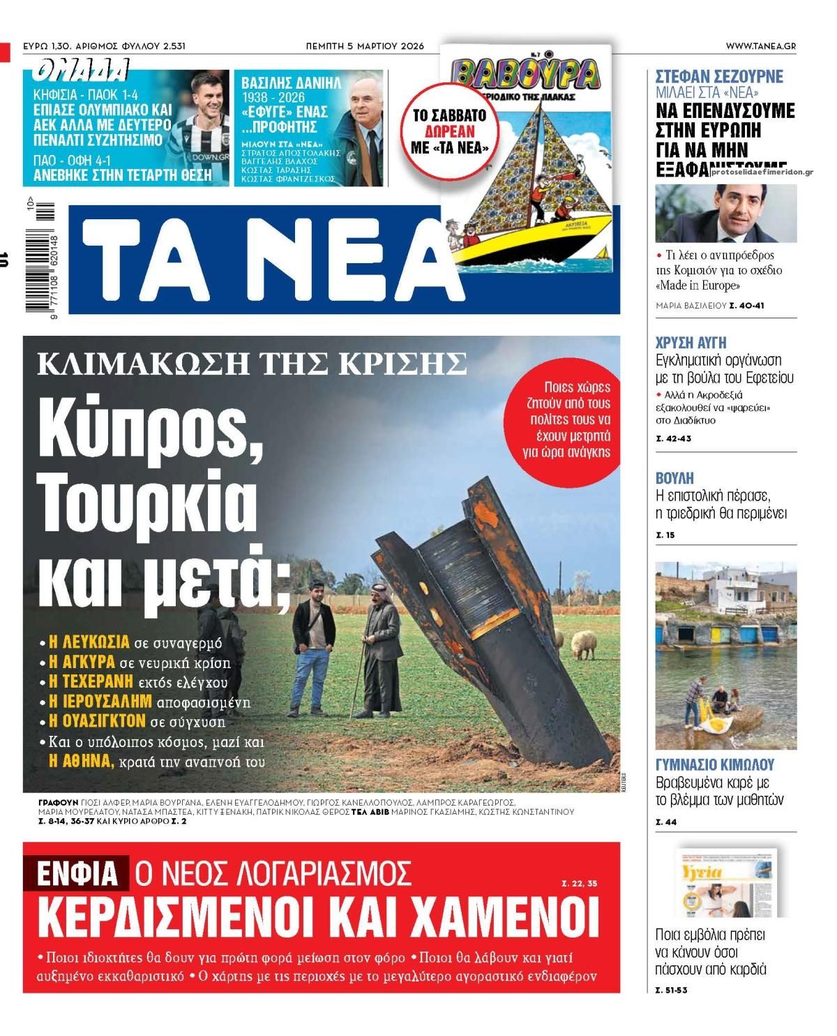 Πρωτοσέλιδο εφημερίδας Τα Νέα