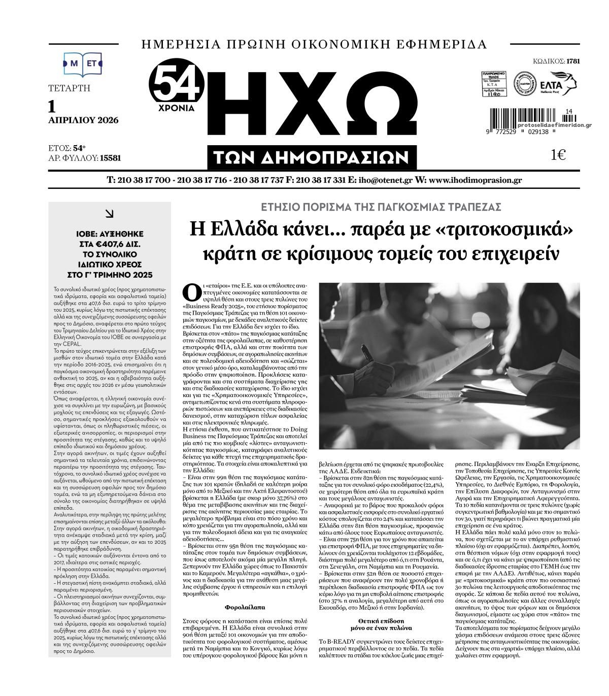 Πρωτοσέλιδο εφημερίδας Ηχώ