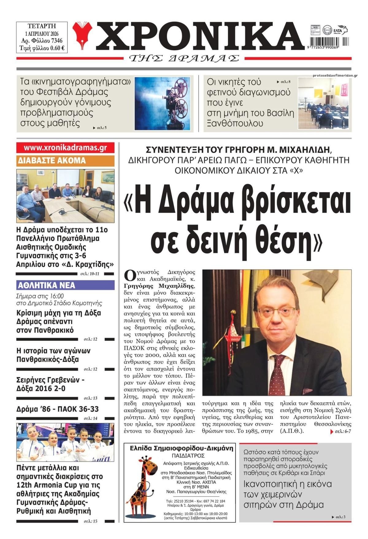 Πρωτοσέλιδο εφημερίδας Χρονικά Δράμας