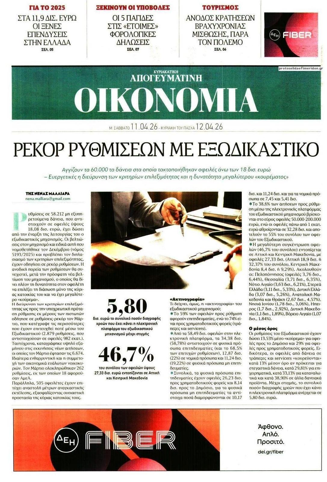Πρωτοσέλιδο εφημερίδας Οικονομία