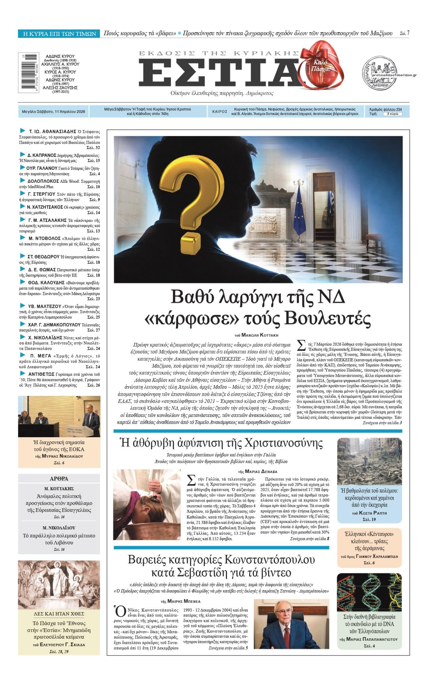 Πρωτοσέλιδο εφημερίδας Εστία