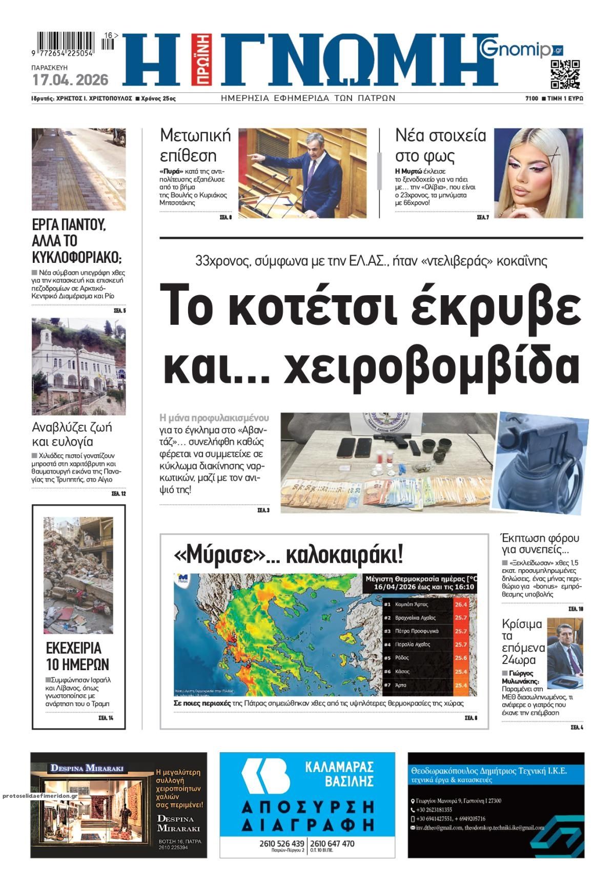 Πρωτοσέλιδο εφημερίδας Γνώμη της Πάτρας