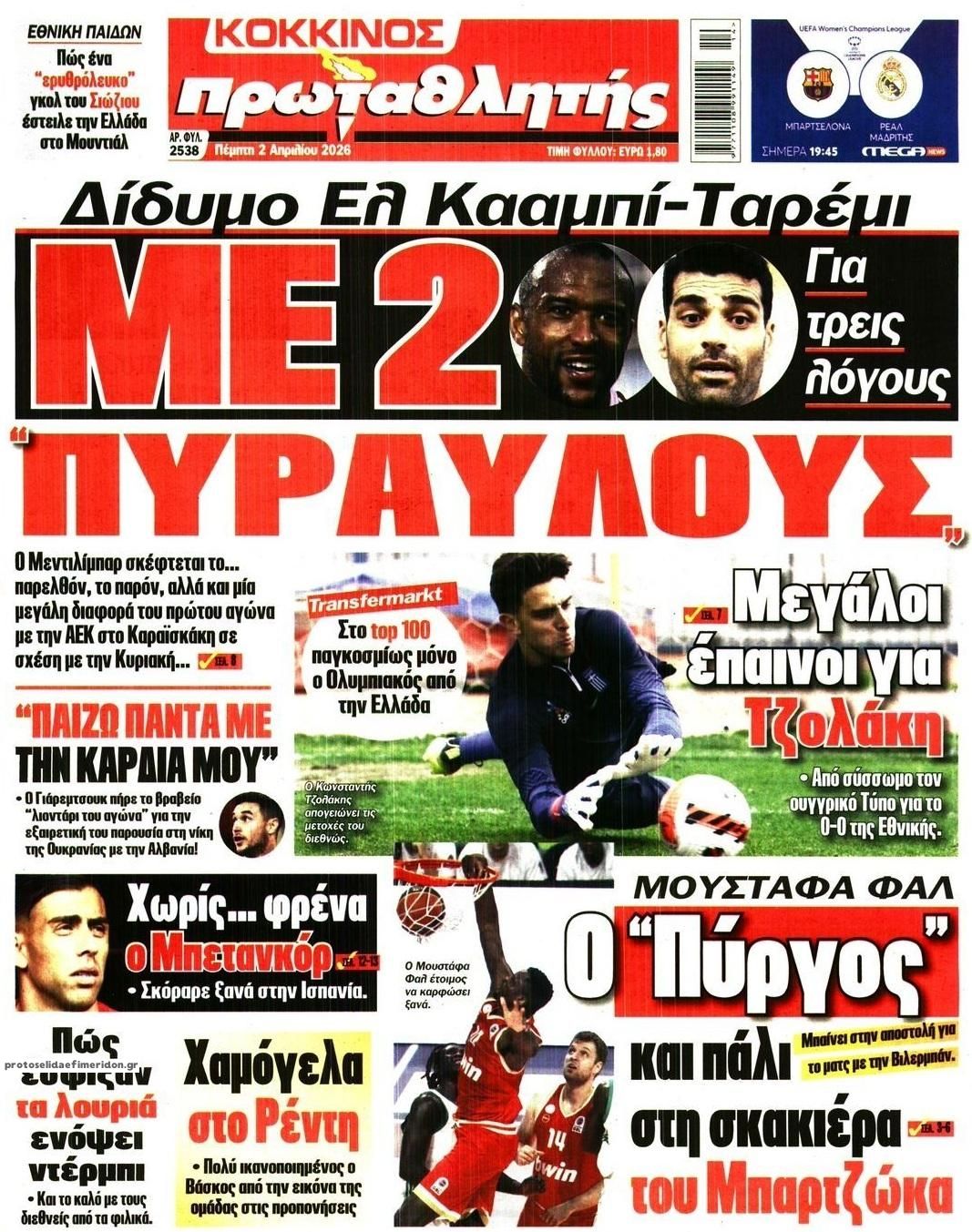 Πρωτοσέλιδο εφημερίδας Κόκκινος Πρωταθλητής