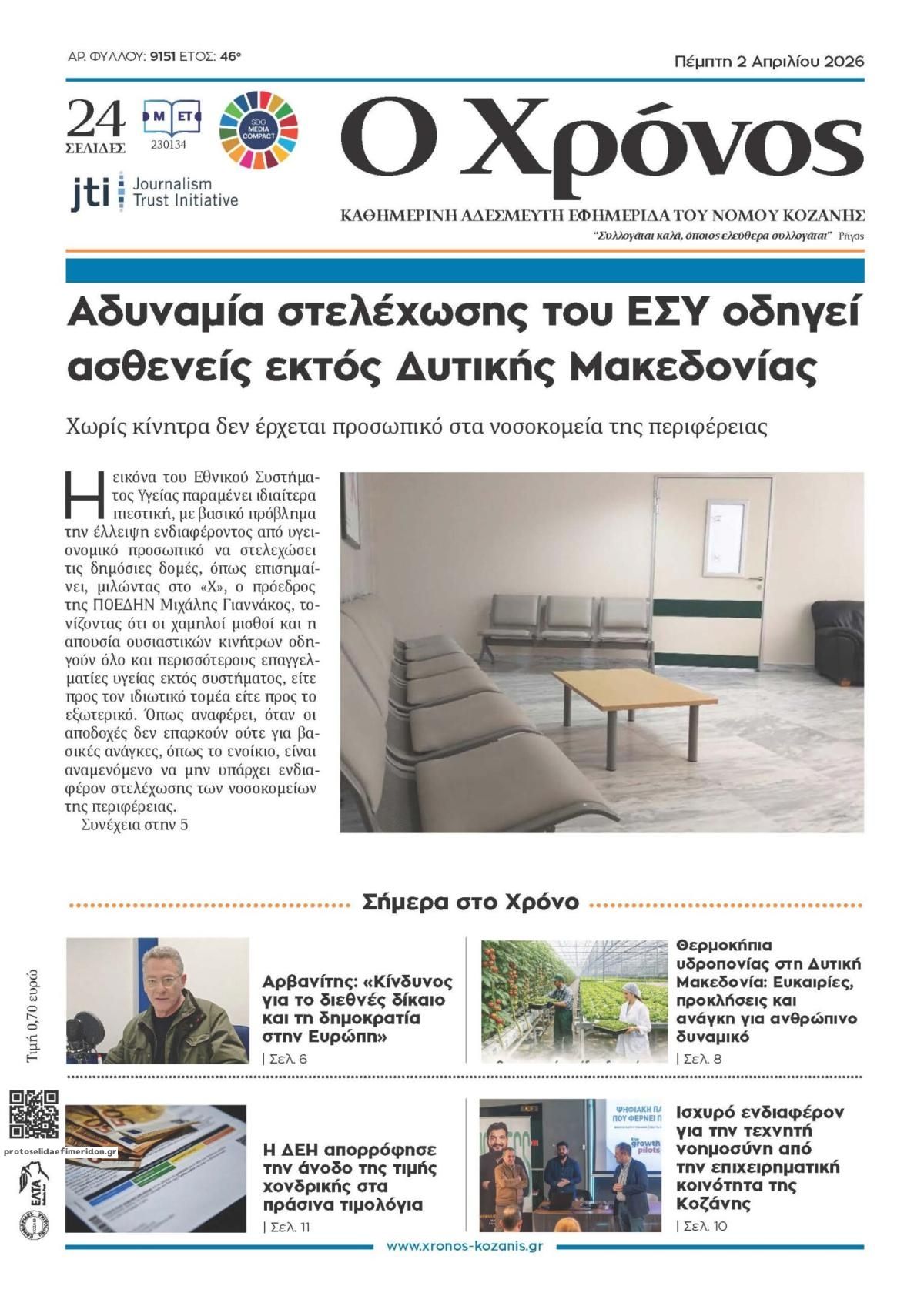 Πρωτοσέλιδο εφημερίδας Ο Χρόνος Κοζάνης