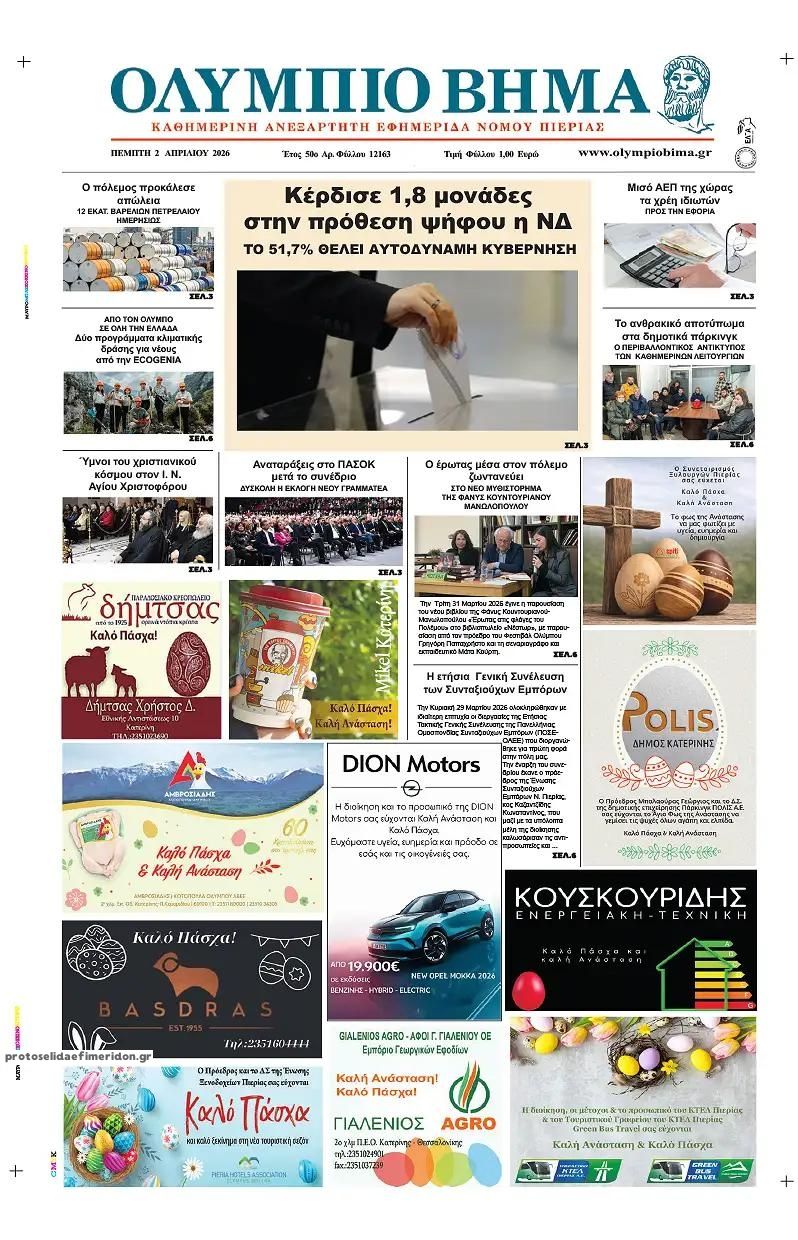 Πρωτοσέλιδο εφημερίδας Ολύμπιο Βήμα