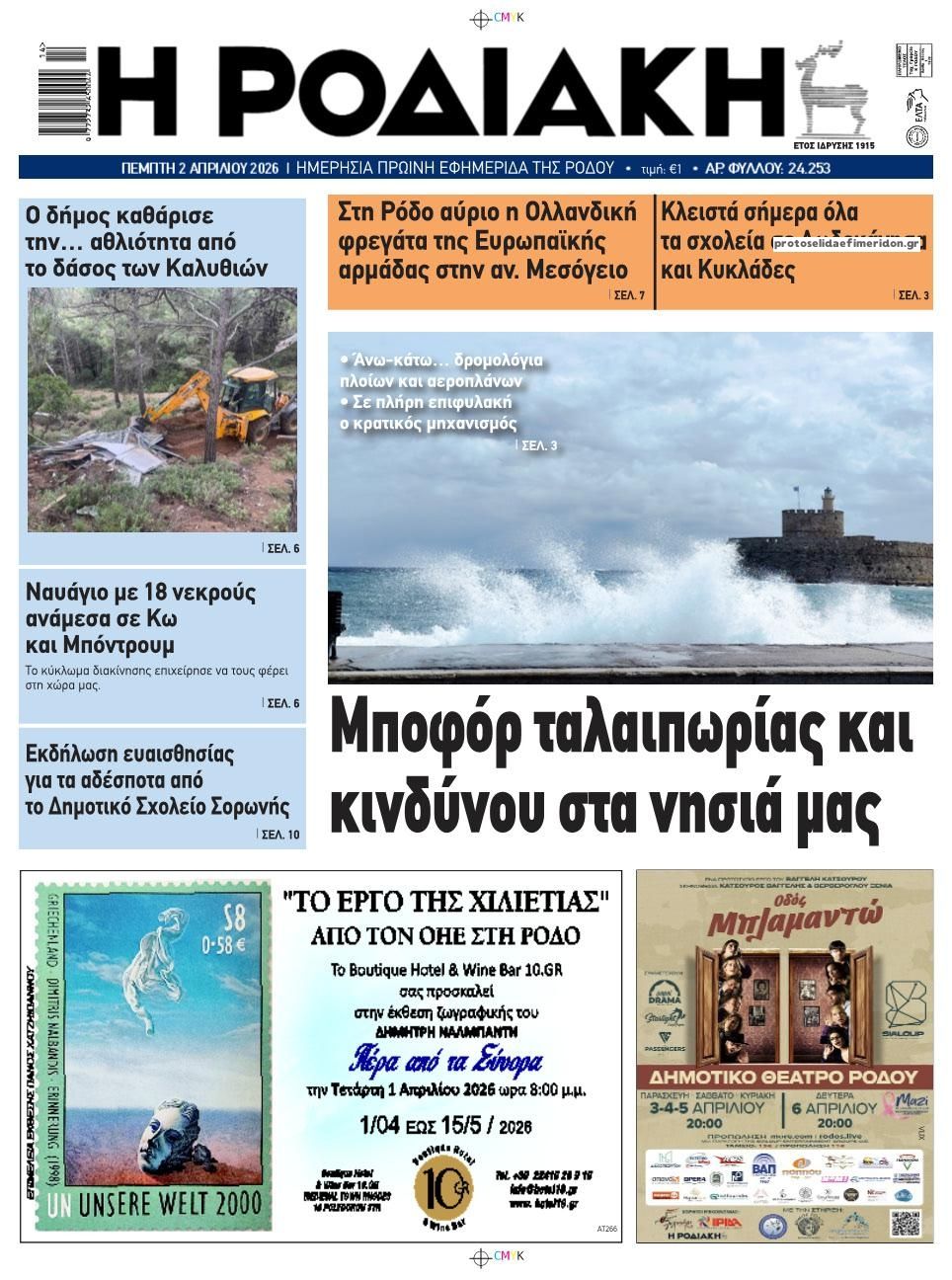 Πρωτοσέλιδο εφημερίδας Ροδιακή