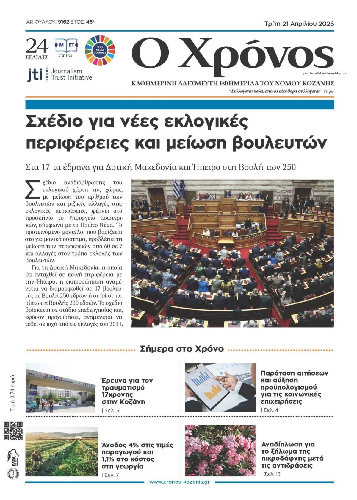 Πρωτοσέλιδο εφημερίδας Ο Χρόνος Κοζάνης