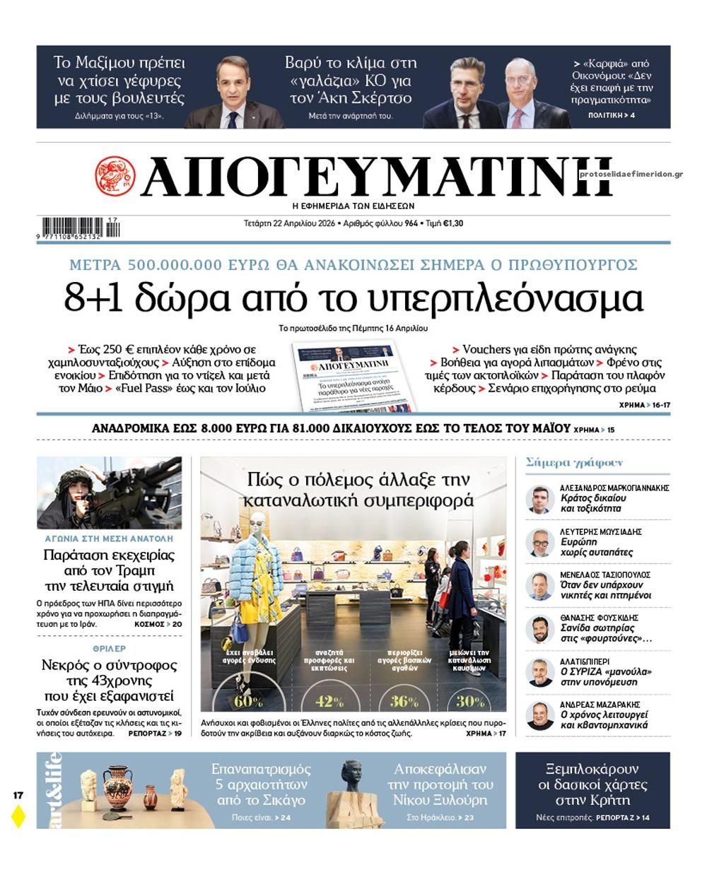 Πρωτοσέλιδο εφημερίδας Απογευματινή