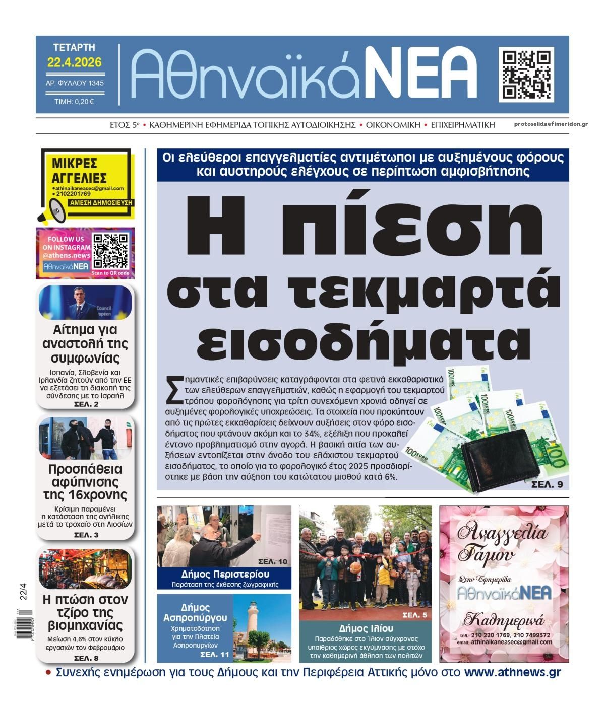 Πρωτοσέλιδο εφημερίδας Αθηναϊκά Νέα