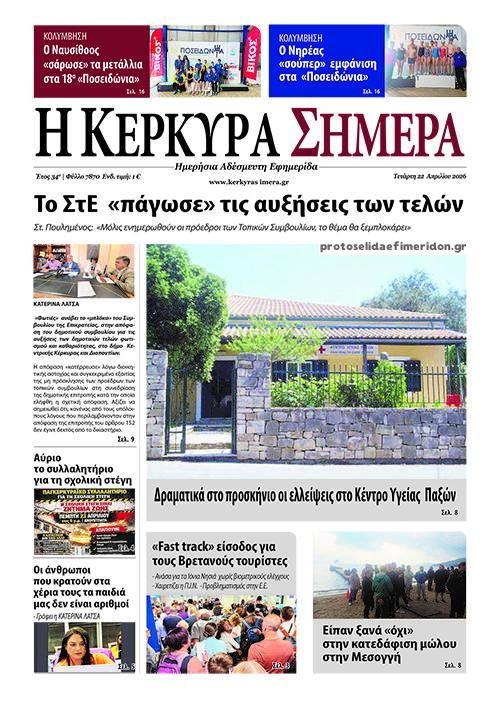 Πρωτοσέλιδο εφημερίδας Η Κέρκυρα Σήμερα