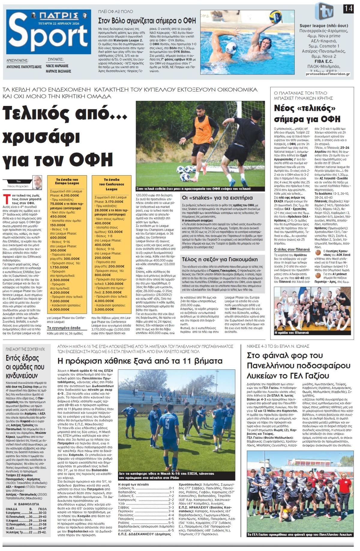 Πρωτοσέλιδο εφημερίδας Πατρίς Σπορ