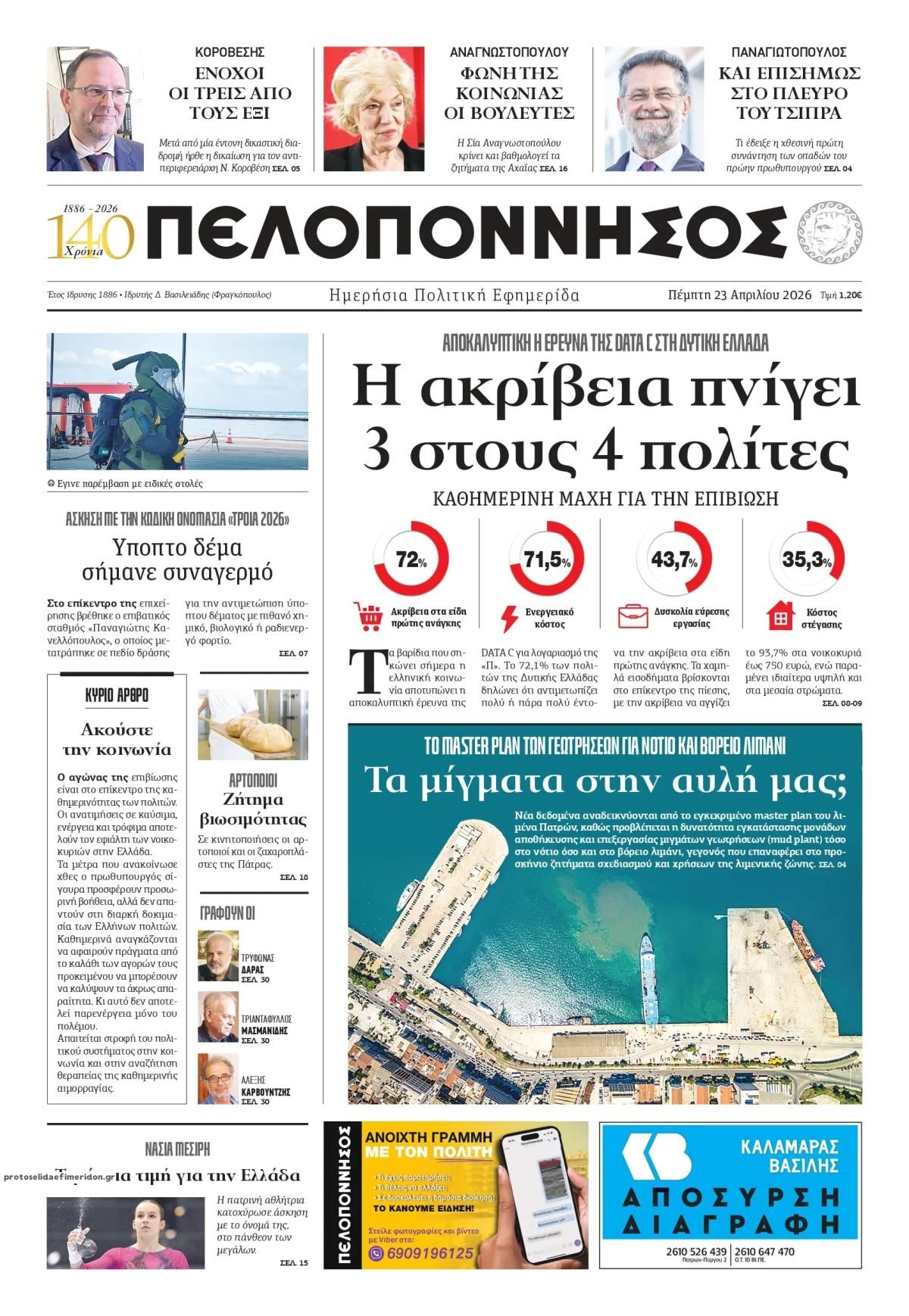 Πρωτοσέλιδο εφημερίδας Πελοπόννησος