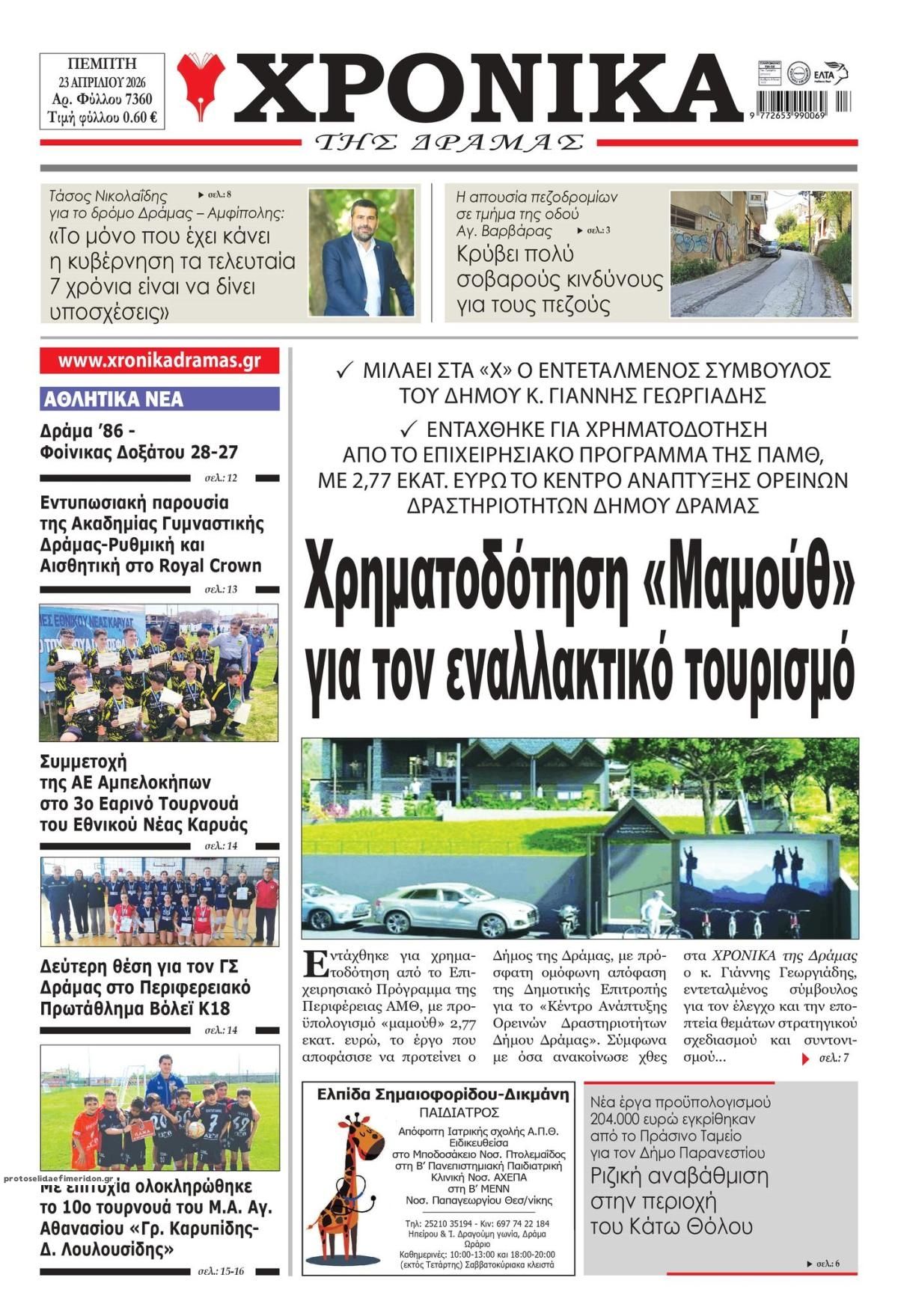Πρωτοσέλιδο εφημερίδας Χρονικά Δράμας
