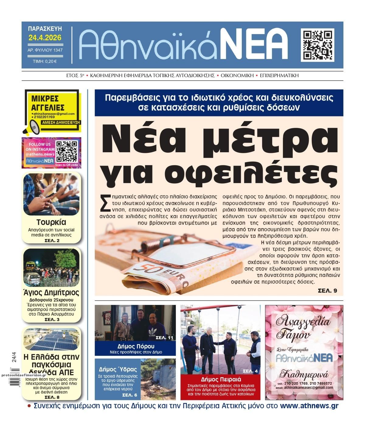 Πρωτοσέλιδο εφημερίδας Αθηναϊκά Νέα