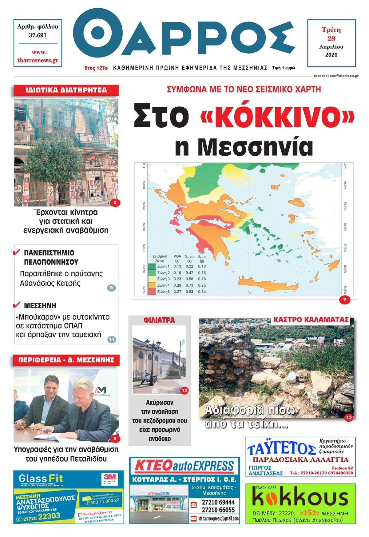 Πρωτοσέλιδο εφημερίδας Θάρρος Μεσσηνίας