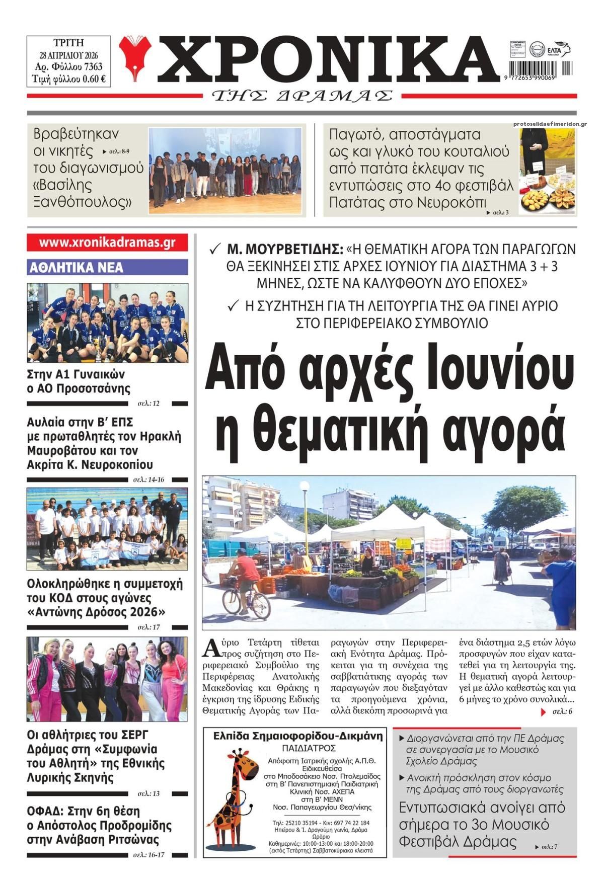 Πρωτοσέλιδο εφημερίδας Χρονικά Δράμας