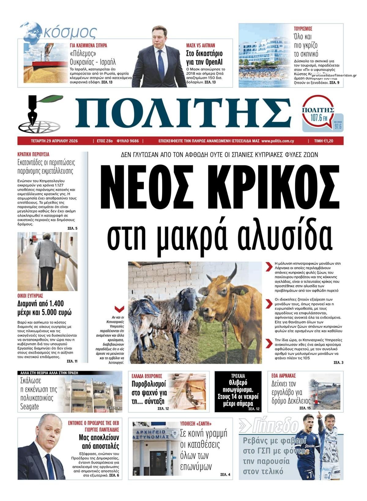 Πρωτοσέλιδο εφημερίδας Πολίτης Κύπρου