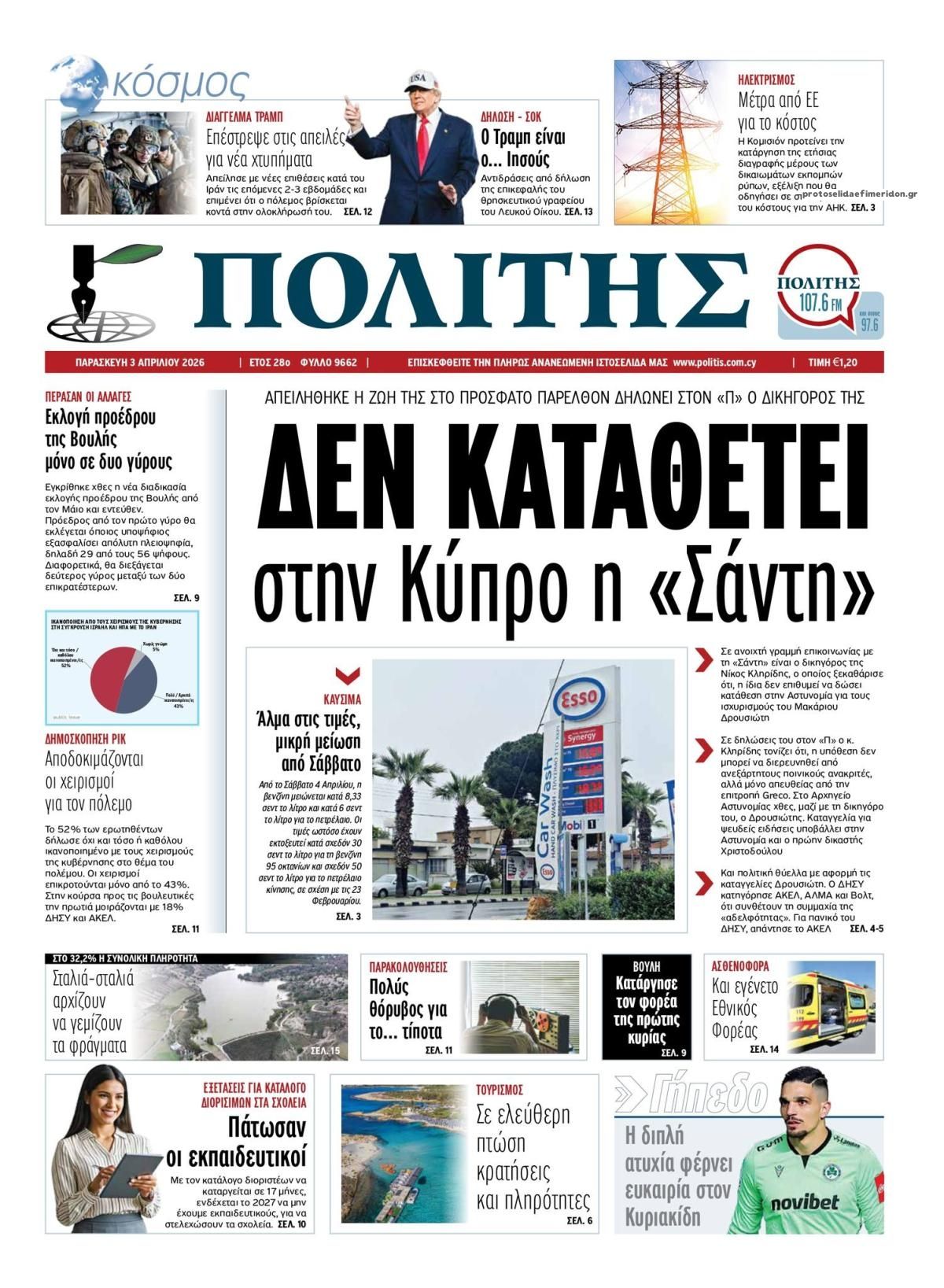 Πρωτοσέλιδο εφημερίδας Πολίτης Κύπρου