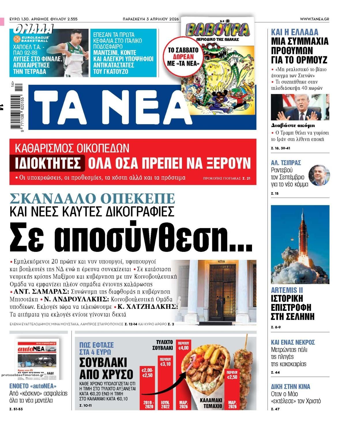 Πρωτοσέλιδο εφημερίδας Τα Νέα